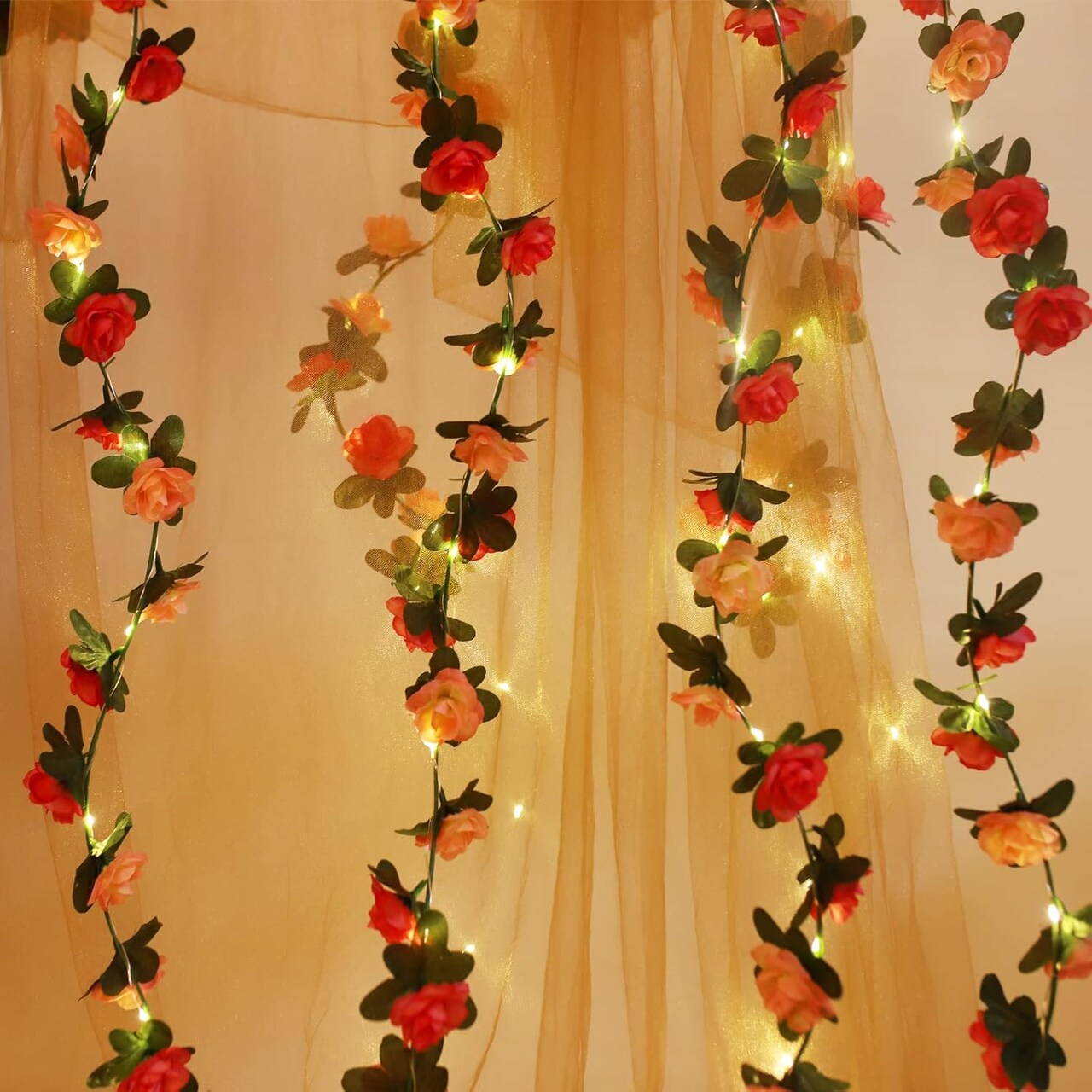 8.2 ft Artificial Rose Flower Garland with 30 LED String Lights – Hanging Faux Rose Vine for Garden, Wedding, Party, Birthday, Bedroom & Wall Décor